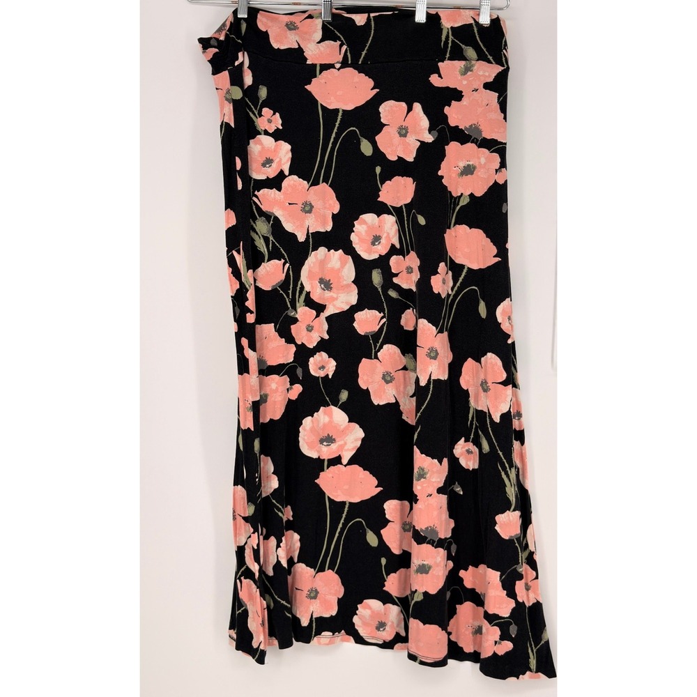 Capsule Maxi Skirt Womens 26 Black Pink Floral Poppy Boho Jersey Cottage Stretch